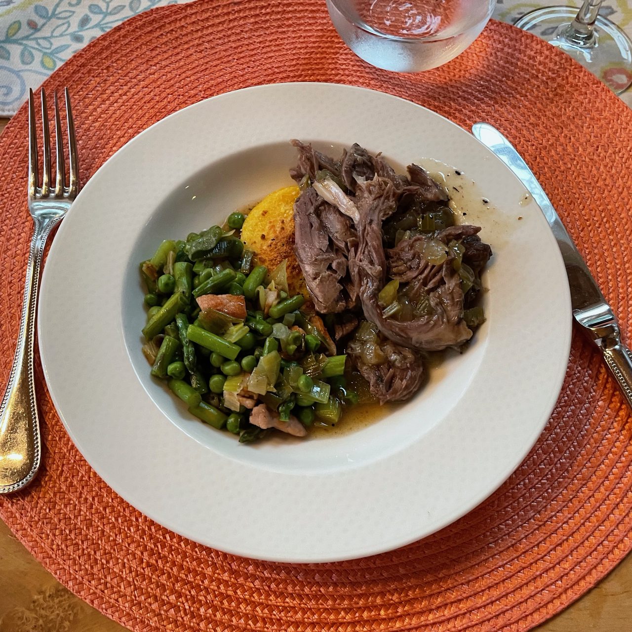 Beef Shank with Spring Veggies and Polenta Cakes