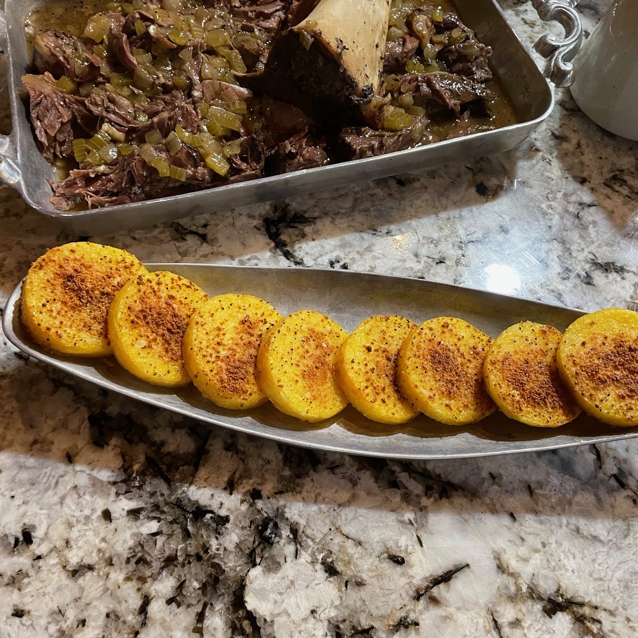Beef Shank with Spring Veggies and Polenta Cakes