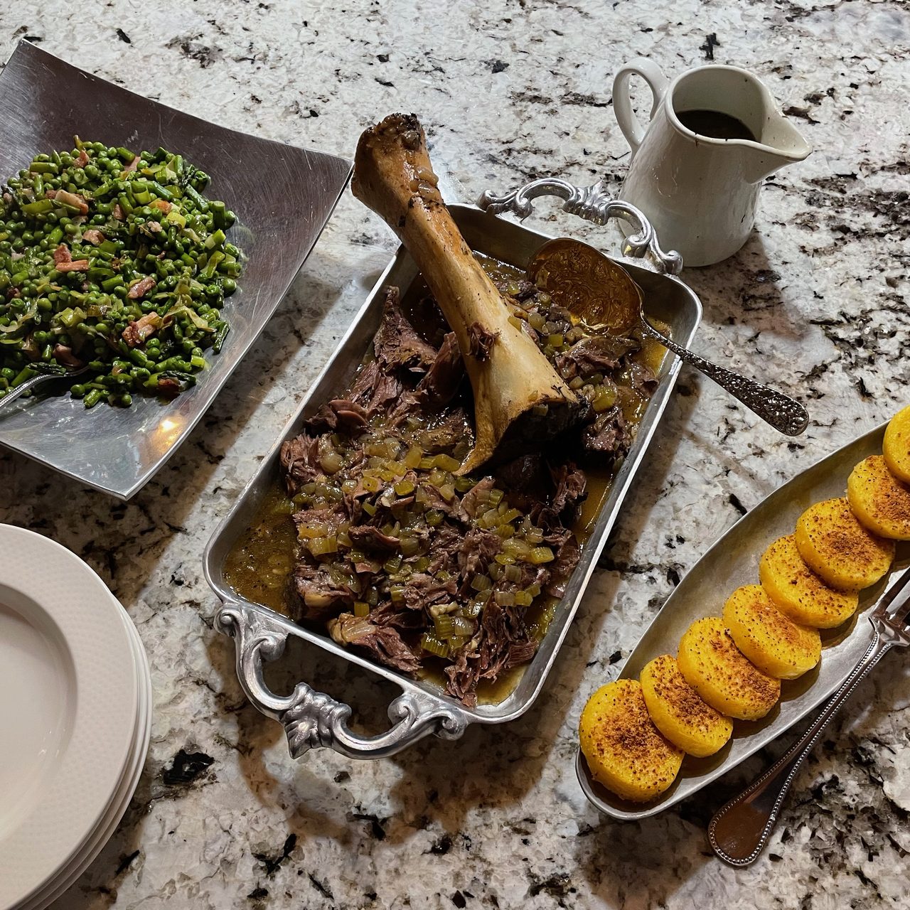 Beef Shank with Spring Veggies and Polenta Cakes