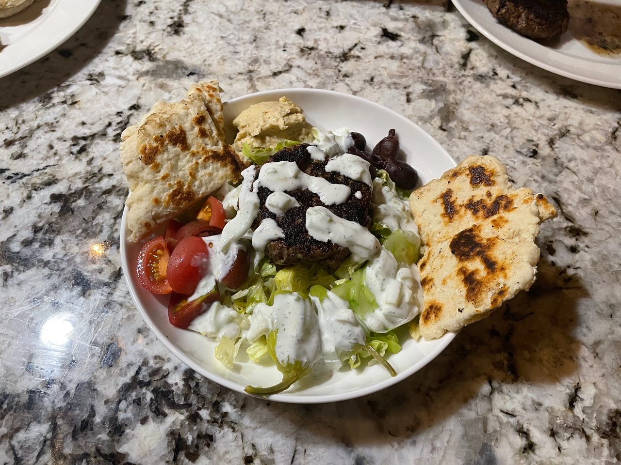 Naked Greek Lamb Burger Salads with Homemade Flatbread & Yogurt Dill Cucumber Sauce