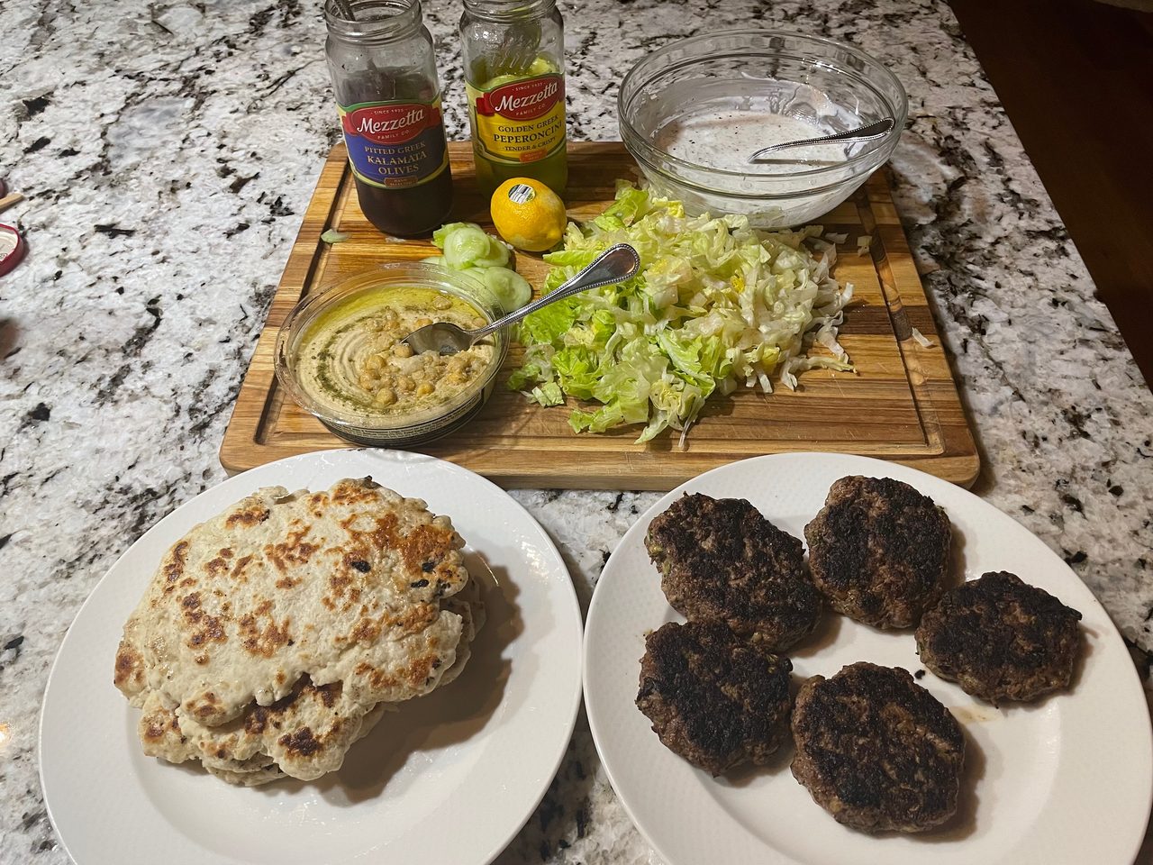 Naked Greek Lamb Burger Salads with Homemade Flatbread & Yogurt Dill Cucumber Sauce