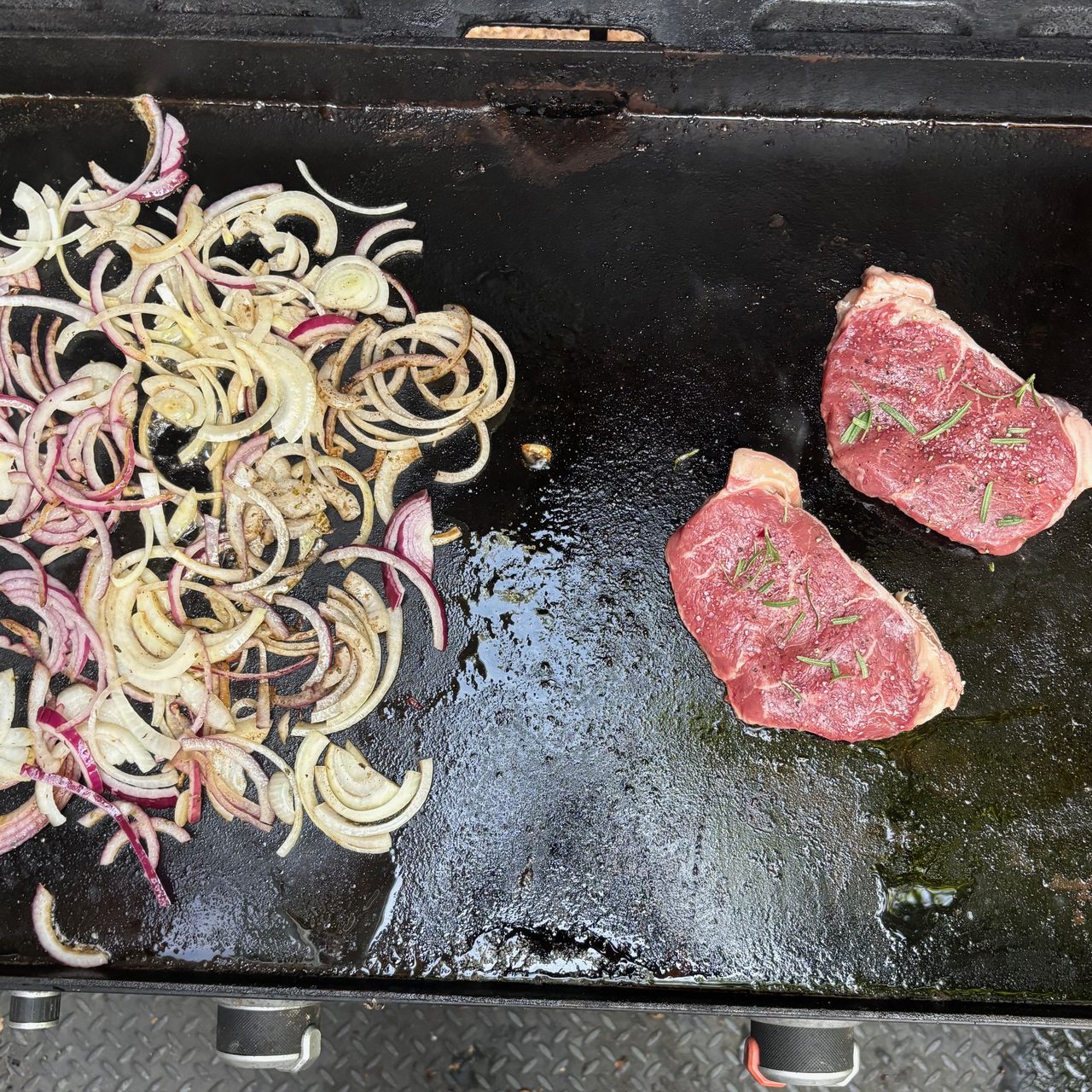 Fast & Simple New York Strip Steaks with Griddled Onions