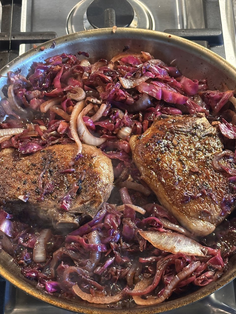 Pork Chops with Cabbage, Balsamic and Basil