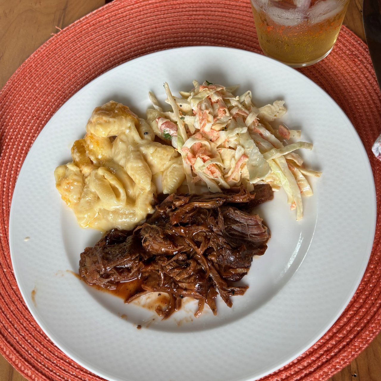Uncle Reid’s Beer BQ Sauce Shredded Pork with Homemade Coleslaw and Mac & Cheese