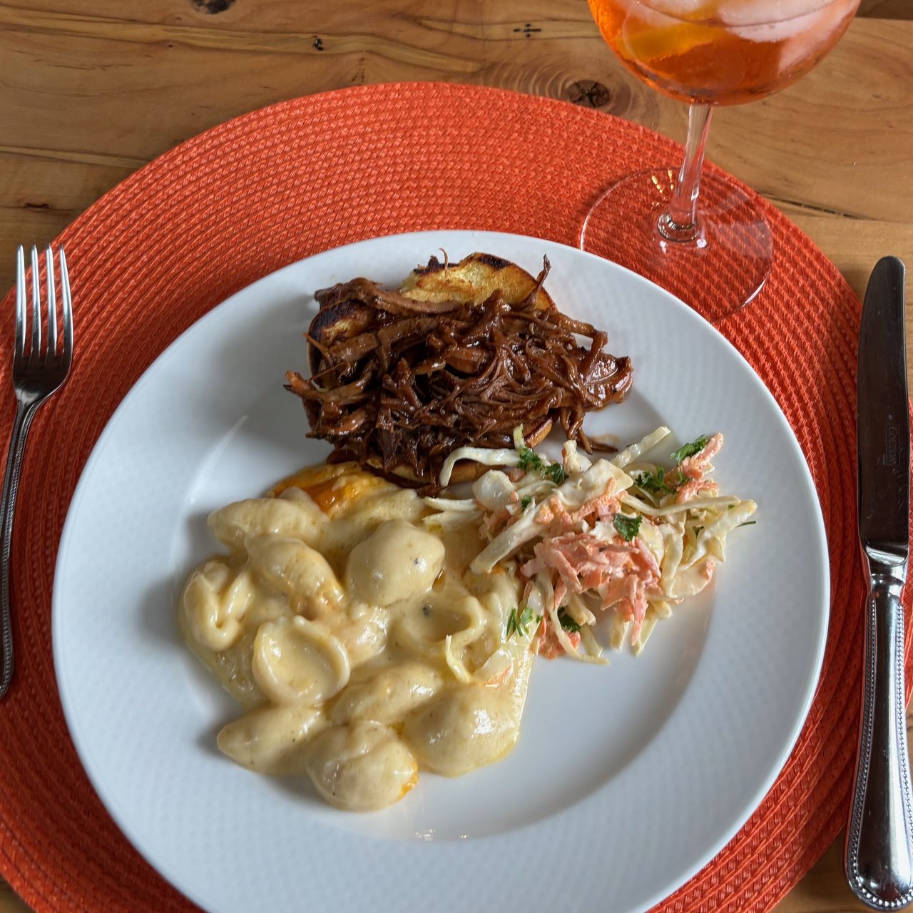 Uncle Reid’s Beer BQ Sauce Shredded Pork with Homemade Coleslaw and Mac & Cheese