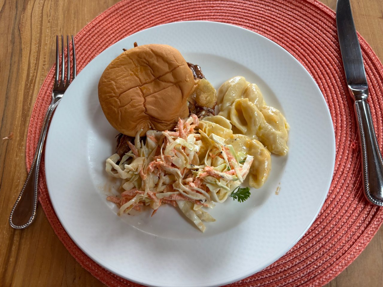 Uncle Reid’s Beer BQ Sauce Shredded Pork with Homemade Coleslaw and Mac & Cheese